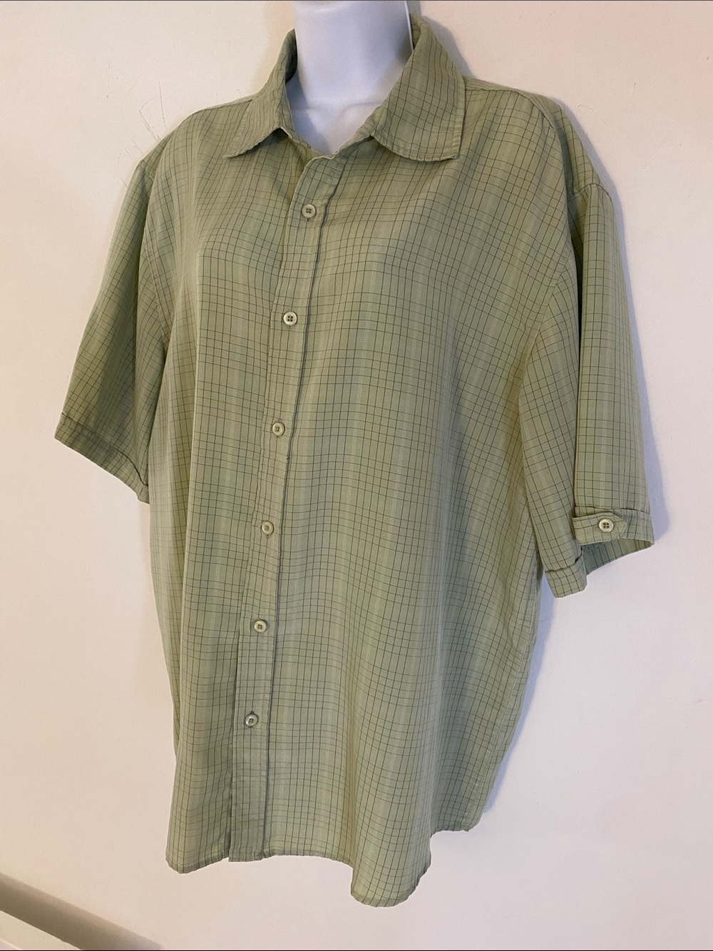 Men's BRUNO sueded Light Green Plaid Short-Sleeve Button-Down Shirt size XL